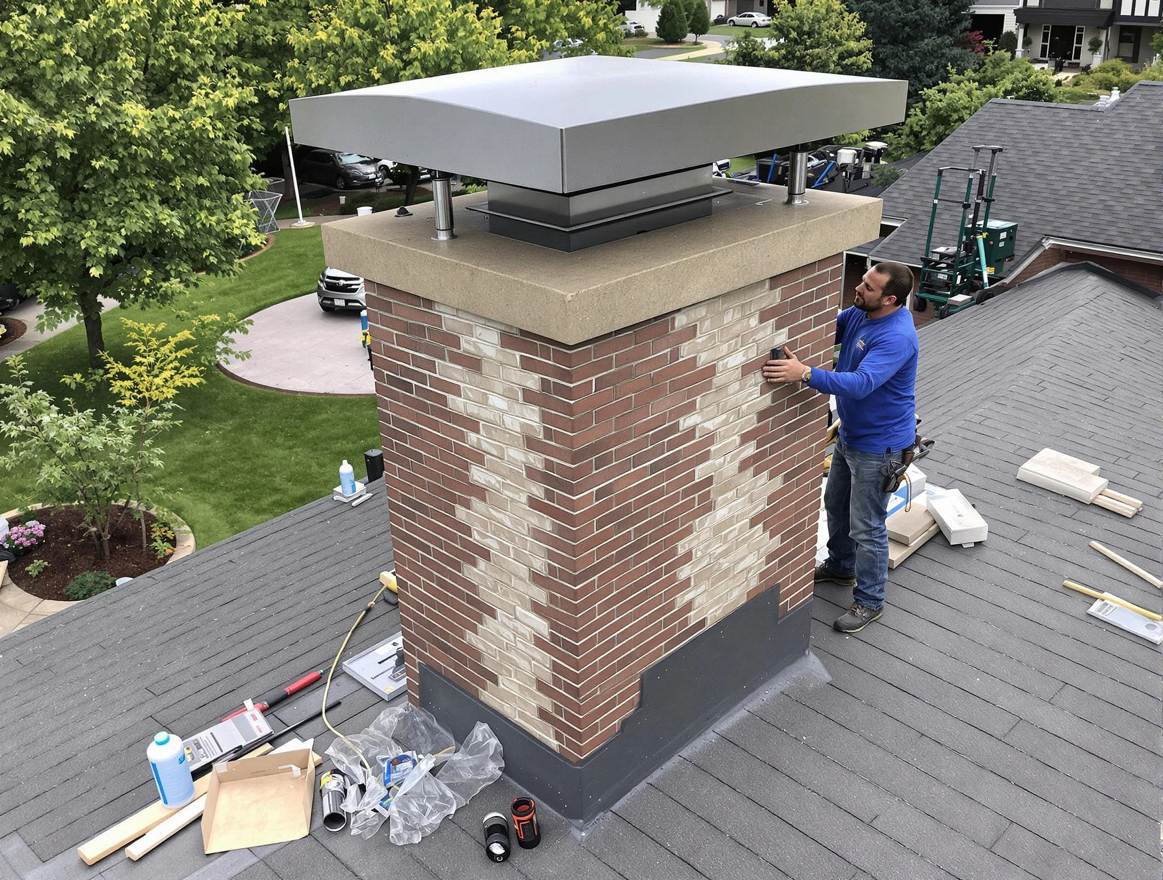 Purcell Chimney Sweep team working on a custom chimney remodel in Purcell, OK